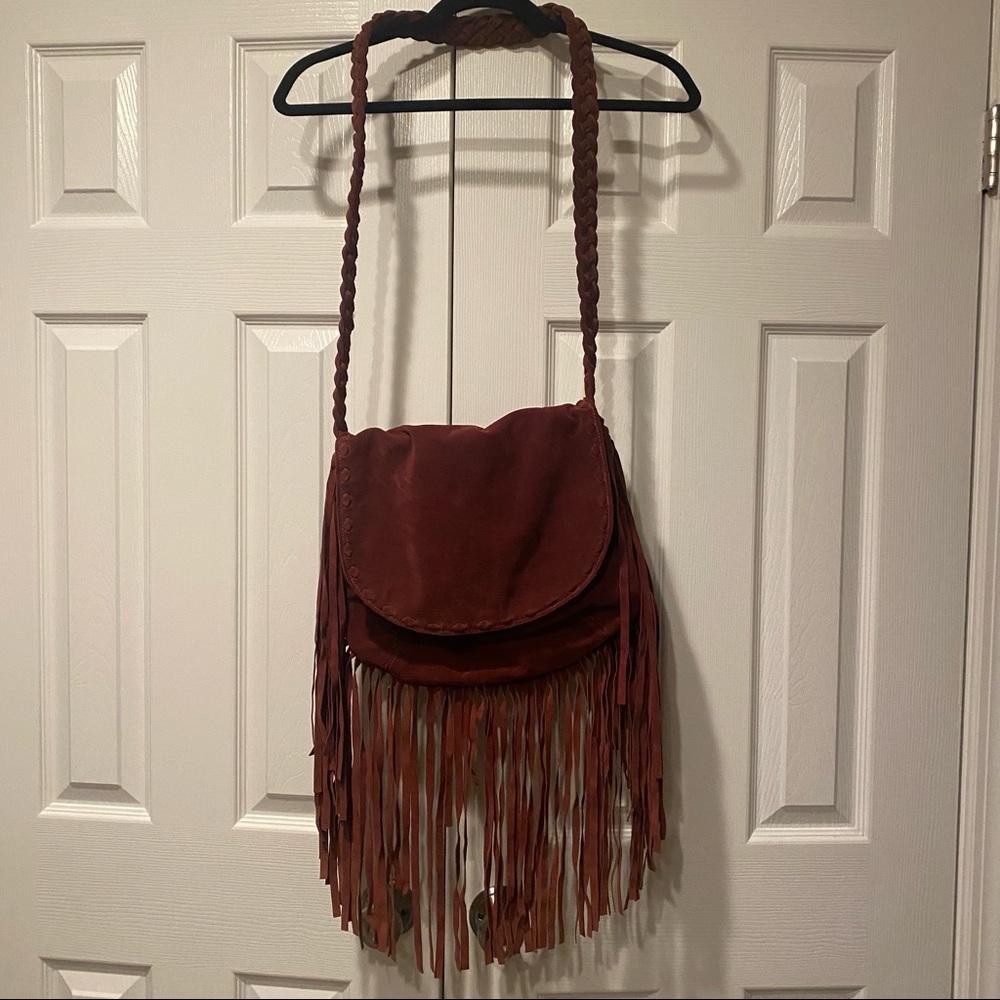 Faux Suede Fringe Crossbody Bag- Wine/Burgundy color